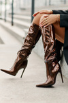 Lacquered insulated boots on a stiletto heel with a buckle brown Tameliae