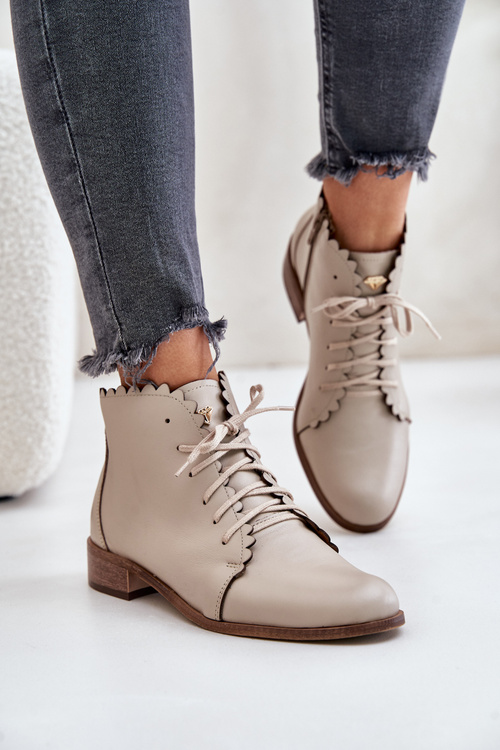 Leather Ankle Boots With Flat Heel Beige Zazoo 2964