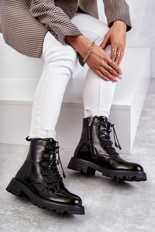 Women's Laquered Warm Boots With Ribbed Black Helia