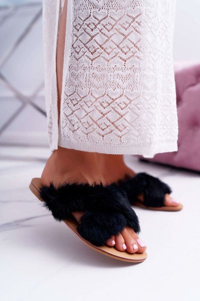 Women's Furry Flip Flops Lu Boo Black