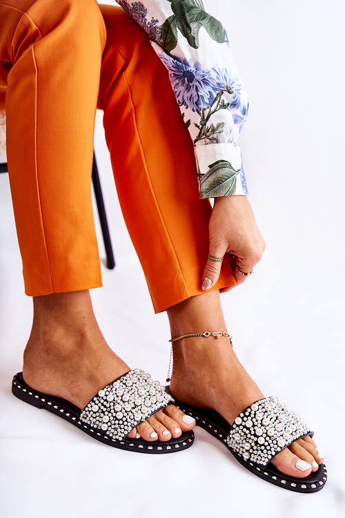 Klapki Damskie Ozdobne Perełki Czarne Vamero