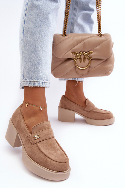 Półbuty Damskie Zamsz Obcas Beżowe Afnira NS382