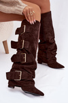 Women's High Heel Boots with Turned Top and Gold Clamps Eco Suede Chocolate Isavelle