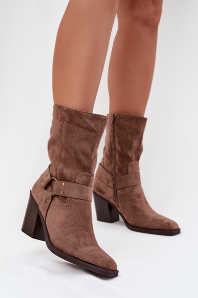 Women's Insulated Ankle Boots on Heels with Straps and Decorative Detail Brown Neria