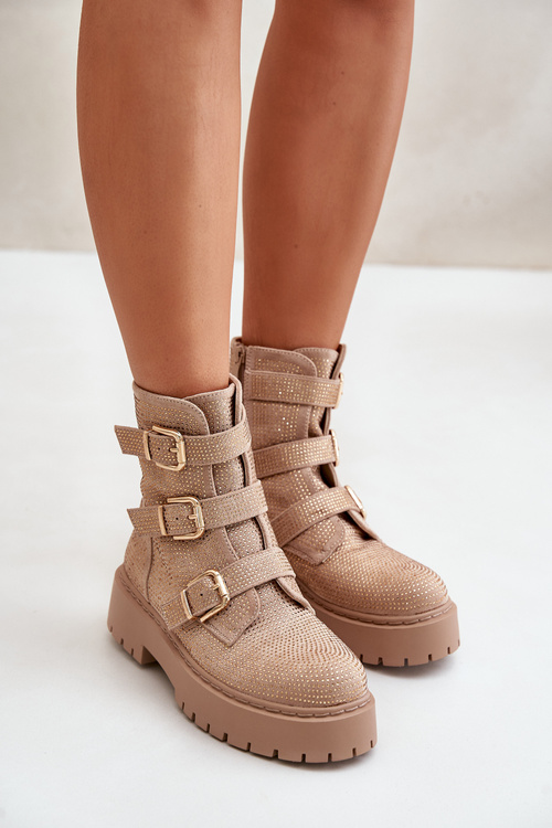 Warm Women's Ankle Boots With Decoration Beige Ciascia