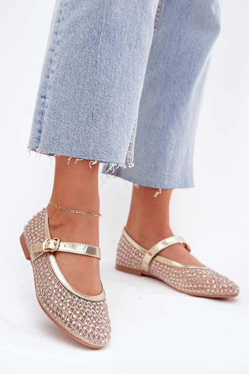 Damskie Baleriny Ze Zdobieniem Pasek I Klamra Złote Avirae