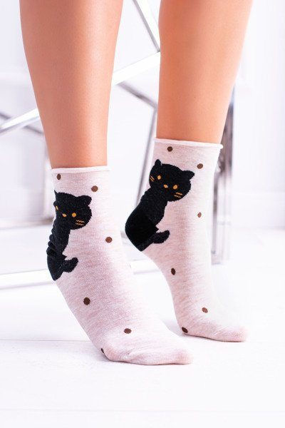 Ladies' Socks Beige With Pussycat