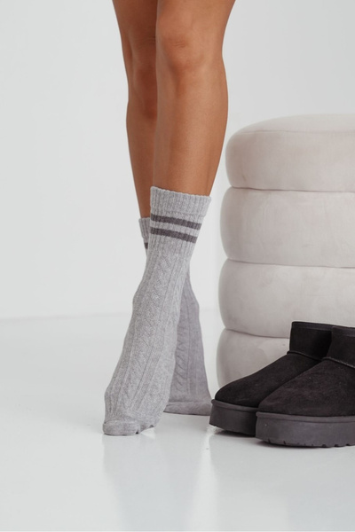 Damskie Skarpetki Warkocz Z Paskami Szare