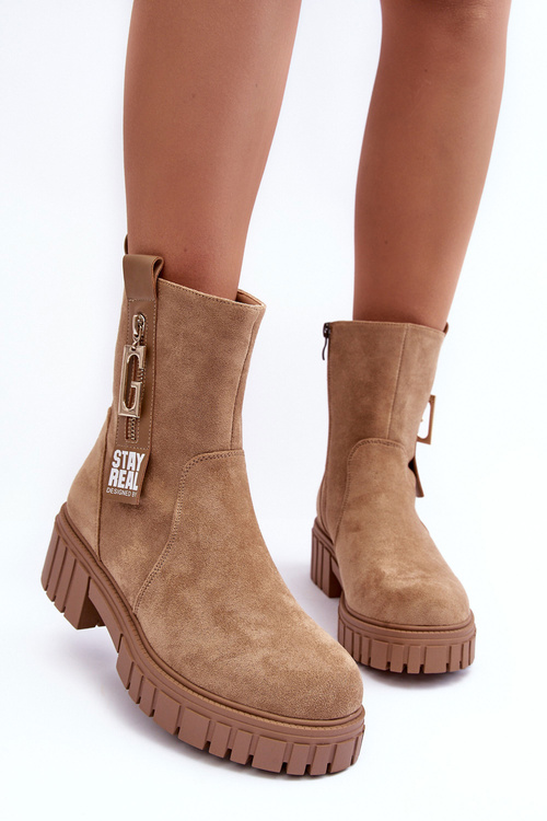 Women's Massive Suede Boots on Flat Heel Beige Lunai
