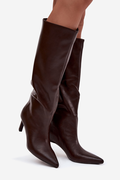 Women's slip on heeled boots with stitching chocolate Olyvia