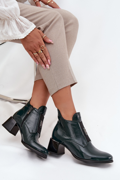 Leather Patent Ankle Boots with Decorative Detail Insulated Zazoo 60560 Dark Green