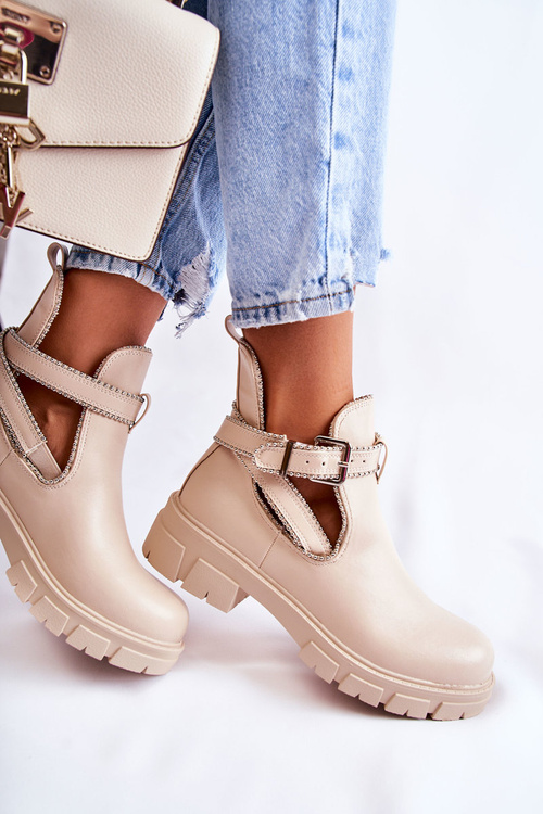 Botki Damskie Skóra Ćwieki Beżowe Clares