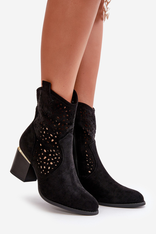 Botki Z Eko Zamszu Zapinane Na Zamek Ażurowe Na Słupku Czarne Sevana