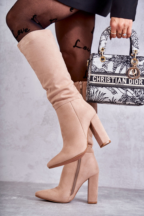 Kozaki Klasyczne Zamsz Obcas Ciemnobeżowe Tressa