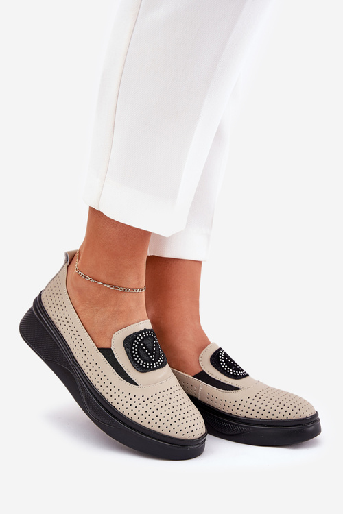 Womens Leather Moccasins On Platform And Wedge Vinceza 79522 Beige