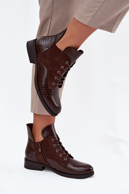 Patent Leather Women's Ankle Boots With Decorative Embossing Warm Vinceza 16477 Brown