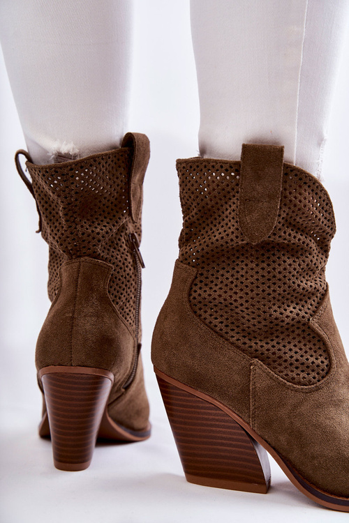 Women's Suede Openwork Boots Cowboy Khaki Eleonore