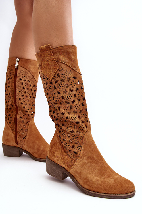 Women's Suede Cutout Boots with Low Heel in Camel Ndulu