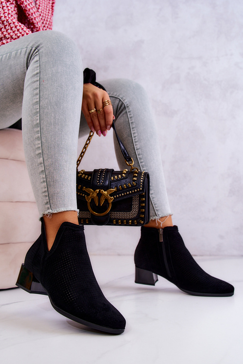 Botki Zamszowe Ażurowe Suwak Czarne Carine