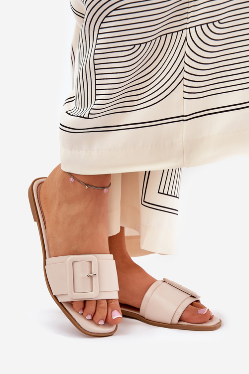 Eko Skórzane Klapki Damskie Płaskie Z Klamrą Beżowe Bamma