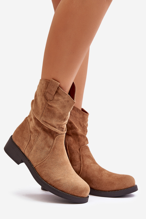 Warm Women's Ankle Boots With Gathered Shaft And Decoration Camel Etteara