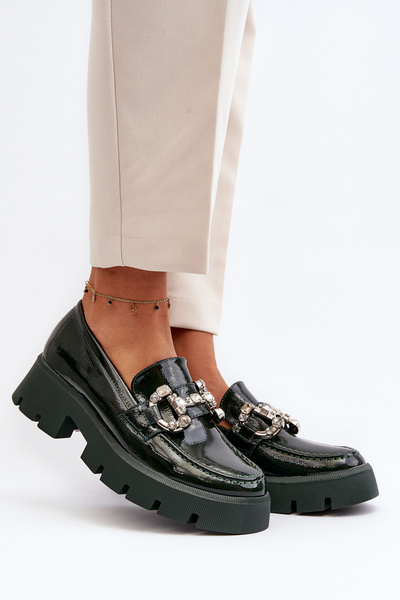 Women's Patent Loafers with Decoration Dark Green Arsaba