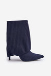 Women's Striped Stiletto Ankle Boots With Rolled Shaft And Pointed Toes Navy Naritua