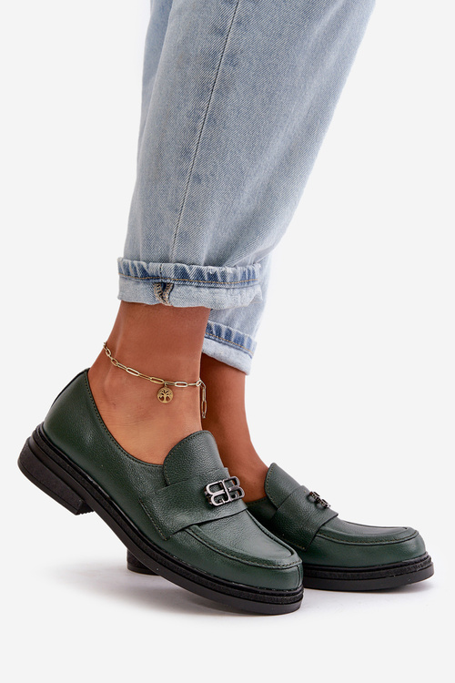 Zazoo 20174 Leather Elegant Women Loafers Flat Heel Dark Green