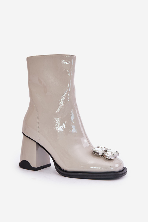 Botki Damskie Lakierowane Obcas Słupek Ozdoba Jasnoszare D&A MR880-019
