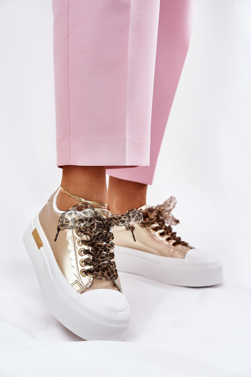 Women's Sneakers On A Massive Platform With Decorative Lacing Gold Zidora