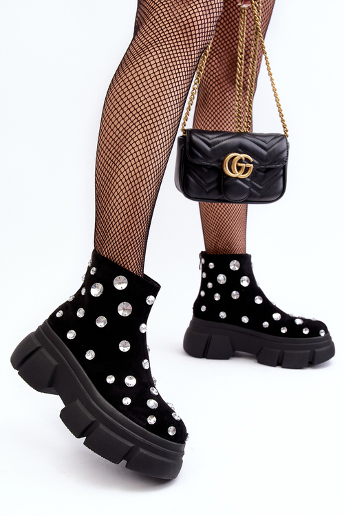 Botki Zamsz Ocieplane Kryształki Czarne D&A MR52-205