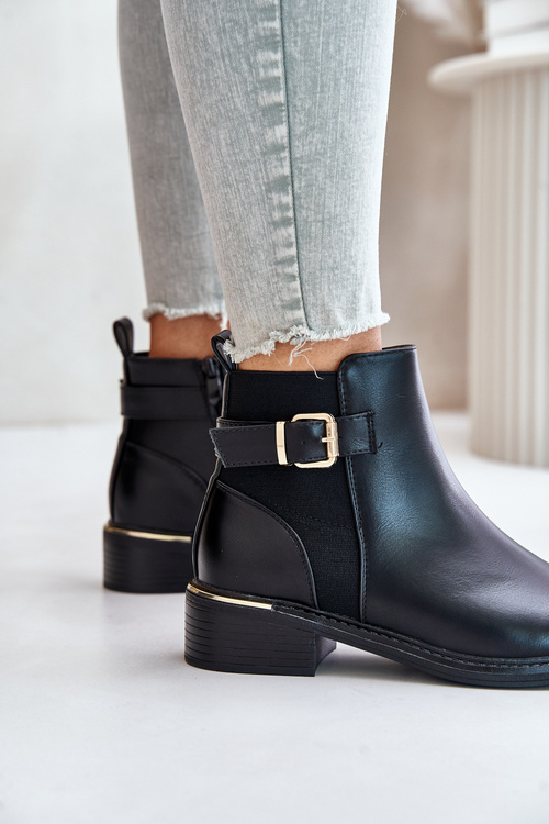 Women's Ankle Boots on Low Heels Insulated with Golden Buckle Black Inomira