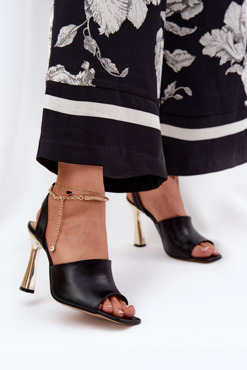 Sandały Skóra Naturalna Obcas Szpilka Ozdoba Bransoleta Czarne CheBello 4440