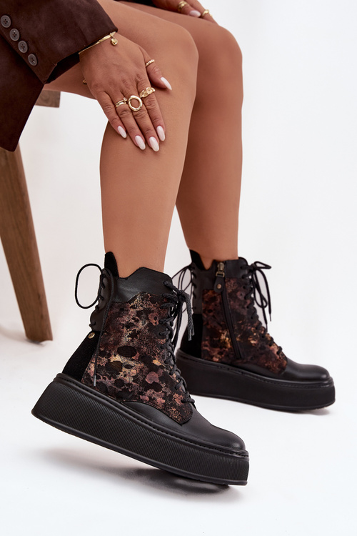 Leather Suede Ankle Boots On Platform Warm Black 06565-01