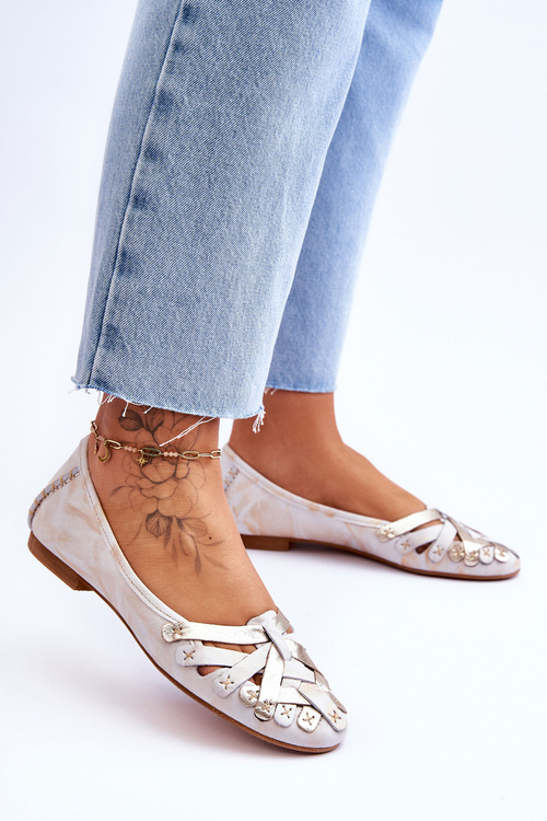 Baleriny Damskie Skóra Beżowo-Złote Maciejka 01358-22