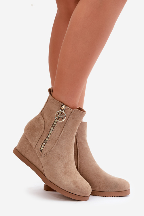 Warm wedge ankle boots with decorative zipper eco suede dark beige Leretha