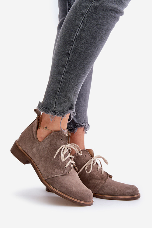 Zazoo 2959 Suede Oxfords Lace-Up Flat Heels Dark Beige
