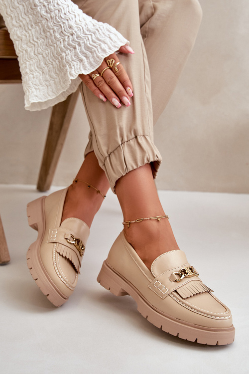 Eco Leather Women's Moccasins with Golden Decoration Beige Zanita