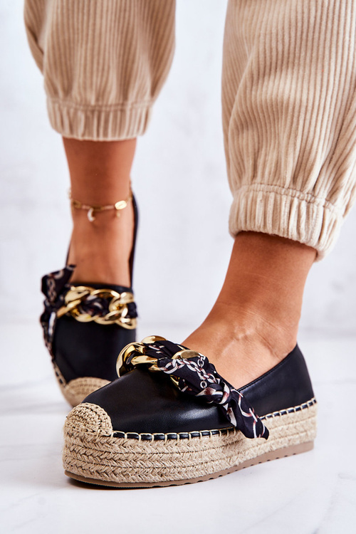 Espadryle Skóra Damskie Ozdobny Łańcuch Czarne Fancy