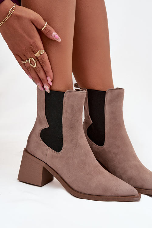 Damskie Botki Ocieplane Z Naturalnego Zamszu Obcas Słupek Beżowe Artiker 57C0045