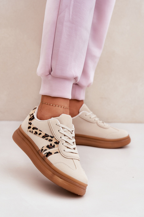Sneakersy Damskie Na Platformie Modne Panterka Beżowe Totter