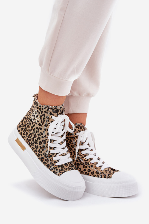 High Women Sneakers With Leopard Print On Platform Brown Laviriona