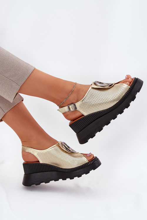 Leather Women's Wedge Sandals With Decoration Artiker 56C0109 Gold