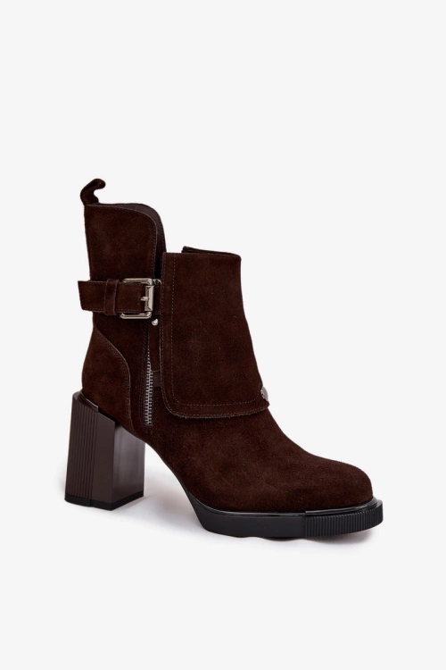 Ankle boots made of natural suede on a block heel with a buckle Vinceza 91152 chocolate
