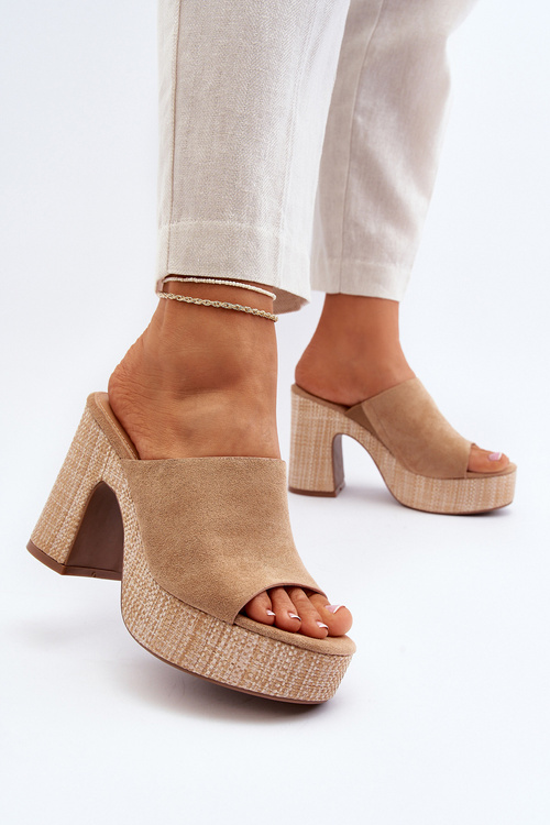 Klapki Damskie Obcas Słupek Brązowe Siobhan FY-35-2