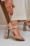 Leather Elegant Sandals On Heel Dark Beige Laura Messi 2136