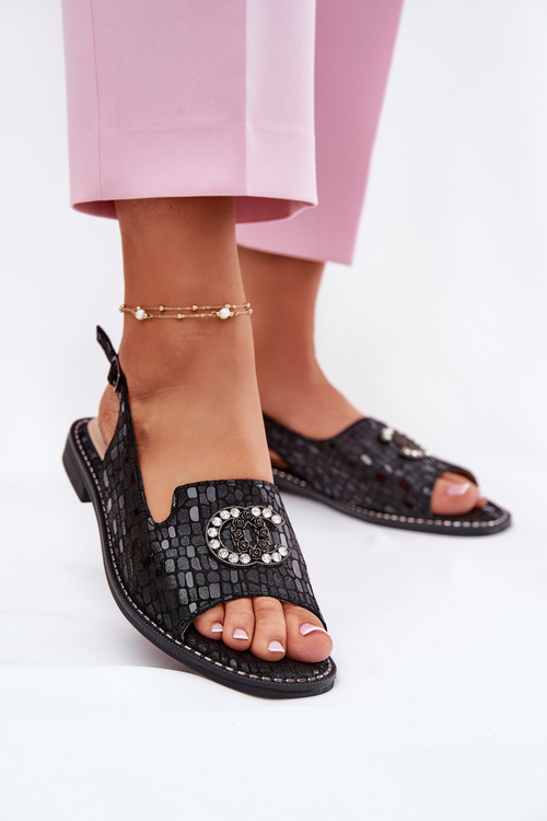 Leather Sandals With Decoration On Flat Heel S.Barski KV51-096 Black
