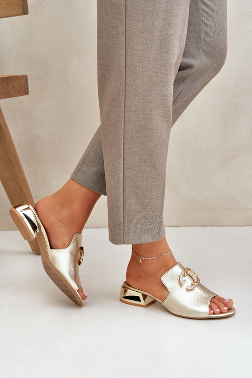 Leather Elegant Women's Slippers On Low Heel Laura Messi 2874 Golden