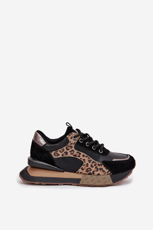 Damskie Sneakersy Skóra Naturalna Platforma Panterka Czarne Artiker 55C0134
