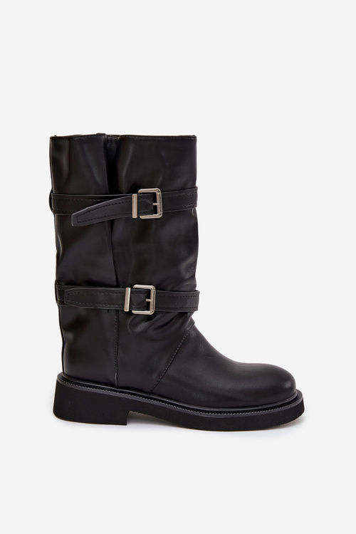 Wrinkled Women's Boots To The Middle Of The Calf With Straps And Buckles Black Halvessa